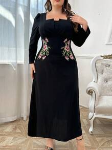 Modelyn Vestido de manga larga con cuello cuadrado, decoración de bordado de flores, para uso diario, para mujer talla grande. Vestidos largos para uso casual, de fiesta, boda o eventos de noche.