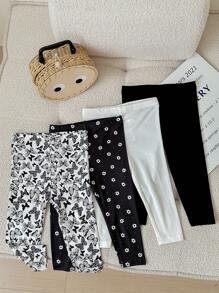 SHEIN LMoss Kids LMoss 4 件套女婴可爱卡通印花紧身弹力腰休闲裤套装 - 黑與白 - 查看 3