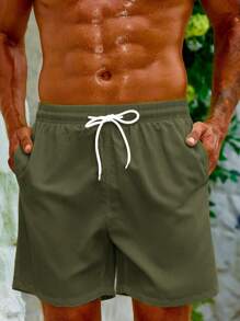 Surfspeed Men's Beach Shorts Drawstring Waist Front Tie Pocket Solid Color Resort Casual, Olive Green Swim Trunks, Men Green Swim Trunk, Men Casual Dark Green Shorts, Men Beachwear - Army Green - View 7