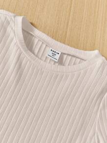 SHEIN 2 件套年轻女孩休闲圆领短袖 T 恤和紧身裤，多件 - 棕色 - 查看 3