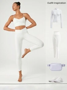 GLOWMODE FeatherFit™ 交叉背心领超薄肩带文胸，带可拆卸无缝罩杯，低冲击瑜伽日常 - 白色 - 查看 7