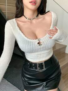 DAZY 女士圆领镂空长袖柔软甜美优雅魅力时尚T恤秋装 - 白色 - 查看 1