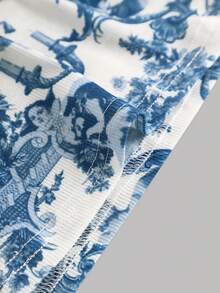 SHEIN Áo ba lỗ in hoa phong cách cổ điển dành cho bé gái tuổi teen - Xanh và trắng - Xem 4