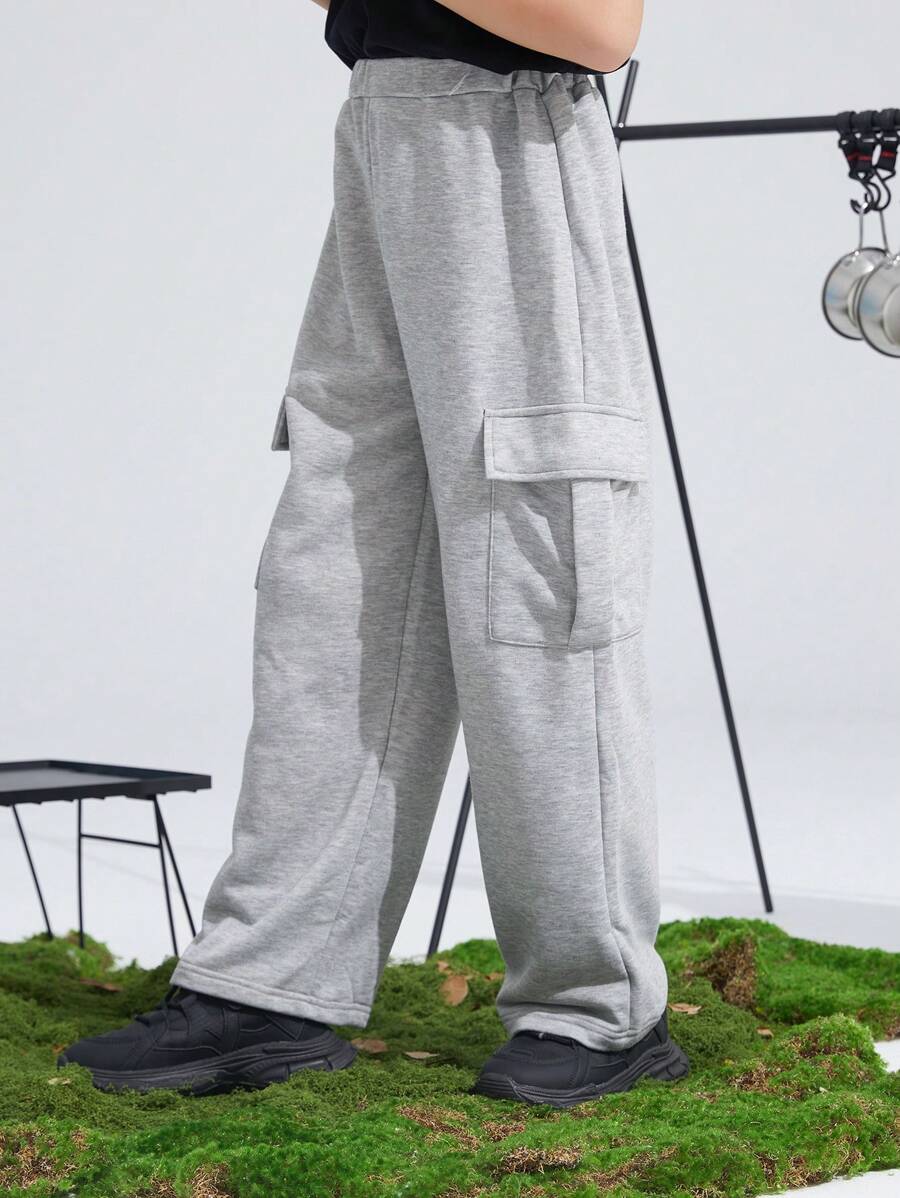 SHEIN Tween Boy Casual Korean Style Loose Knitted Jogger Pants With Utility Pockets - Grey - View 1