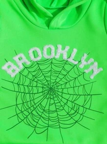 SHEIN 2 bucăți copii băieți ocazional sport streetwear modă litere broderie model pânză de păianjen set de hanoraci și pantaloni, potrivit pentru ieșiri - Verde - Vizualizare 8