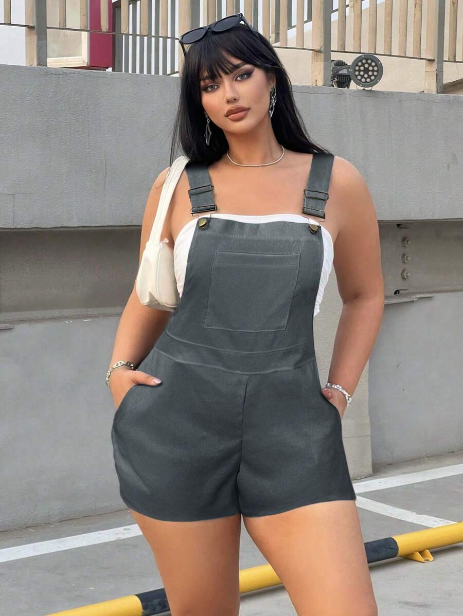 SHEIN Unity Plus Size Women Summer Solid Color Pocket Casual Overalls Shorts - Grey - View 1