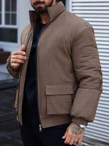 Manfinity Homme Men Solid Color Zip-Up Pocket Winter Padded Coat,Black Warm Plush Winter Coat - Brown - View 5