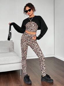 SHEIN Bộ trang phục 2 món dành cho nữ tuổi teen - Áo thun dài tay trơn màu đen và áo yếm in họa tiết da báo - Nhiều màu - Xem 5