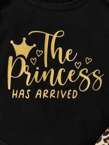 SHEIN 3pcs Baby Girls Cute Leopard Print Long Sleeve Ruffle Letter Bow Bodysuit And Long Pants Set - Black - View 4