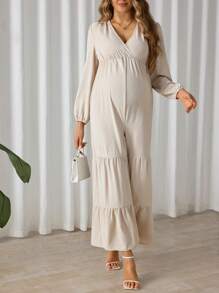 SHEIN Women's Solid Color Simple Daily V-Neck Long Sleeve Jumpsuit, For Maternity - Apricot - View 3