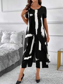 SHEIN Clasi 女式短袖不对称下摆开叉衬衫搭配阔腿裤，黑白笔触涂鸦图案，优雅的两件套适合春季、夏季、秋季 - 非常适合日常穿着、通勤、活动、教学等。 - 黑與白 - 查看 5