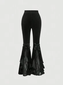 SHEIN MOD Damen Spitze Patchwork Schleife Glockenförmige Hose, Schwarze Hosenanzughose, Kleidung