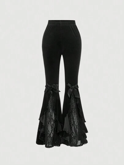 SHEIN MOD Pantalones con volantes con parches de encaje y lazo para mujeres, pantalones negros de vestir, ropa