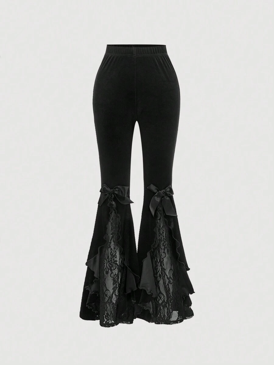 SHEIN MOD Damen Spitze Patchwork Schleife Glockenförmige Hose, Schwarze Hosenanzughose, Kleidung