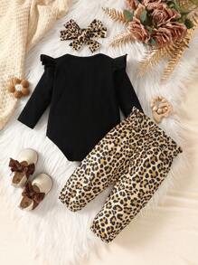 SHEIN 3pcs Baby Girls Cute Leopard Print Long Sleeve Ruffle Letter Bow Bodysuit And Long Pants Set - Black - View 2