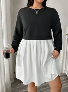 SHEIN EZwear 加大码黑白拼接卫衣连衣裙 - 黑與白 - 查看 1