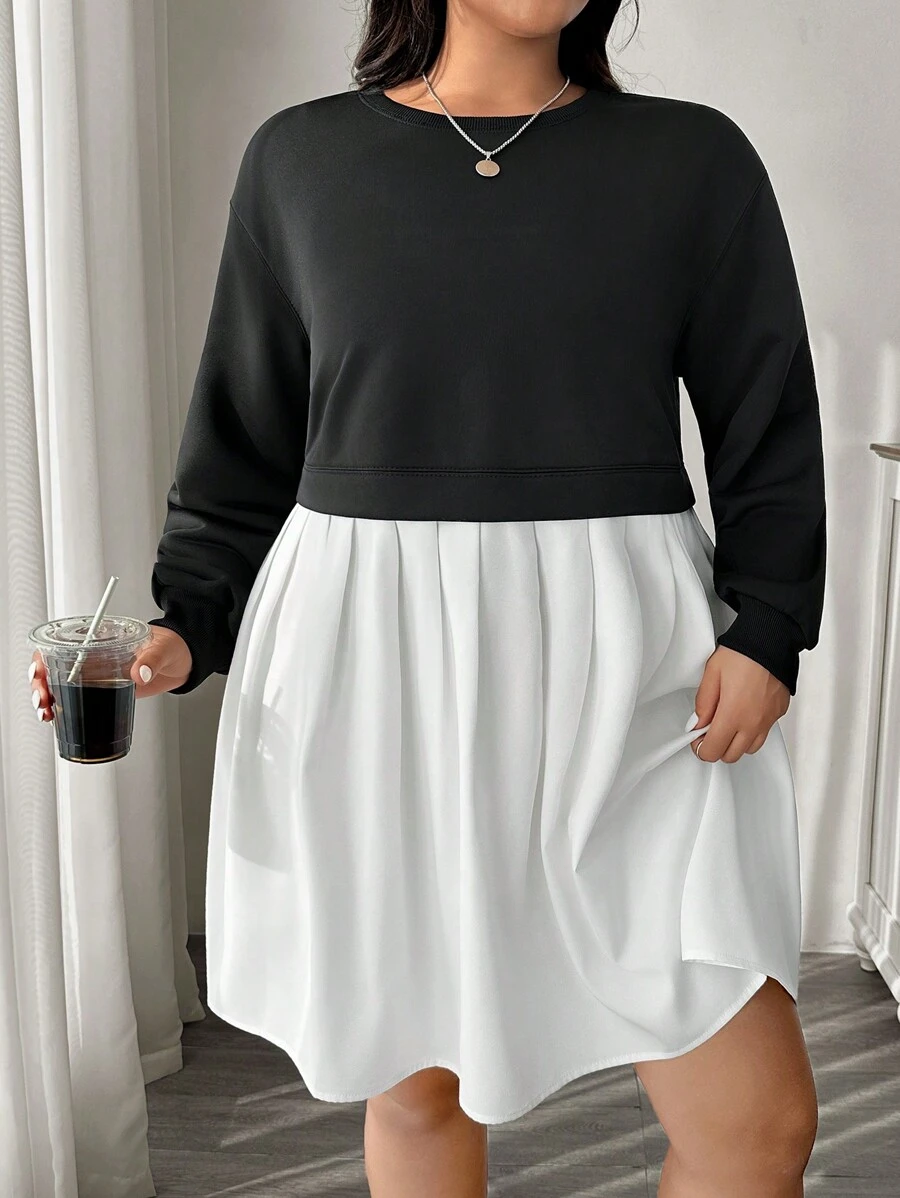 SHEIN EZwear 加大码黑白拼接卫衣连衣裙 - 黑與白 - 查看 1