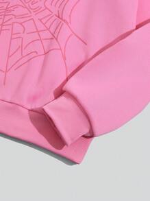 Flirla Loose Fit Spider Web & Star Graphic Print Open Shoulder Hoodie Sweatshirt, Casual