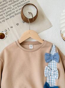 SHEIN LMoss Kids LMoss Young Girl 针织纯色圆领拼布编织格子蝴蝶结休闲运动衫 - 卡其色 - 查看 3