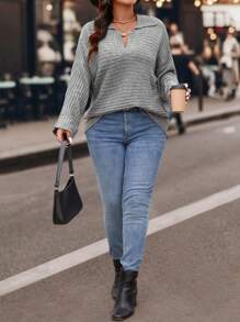 SHEIN LUNE Plus Size Turn-Down Collar Loose Pullover Sweaterbusiness Casual Woman,Holiday Outfits,Country Tops - Grey - View 6