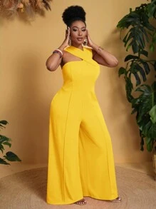 Slaydiva Plus Size Women Sleeveless Loose Solid Color With Pockets Wide Leg Jumpsuit - Yellow - View 3
