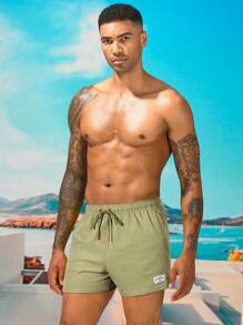 Surfspeed Men's Letter Print Drawstring Waist Beach Shorts , Swim Trunks - Khaki - View 4