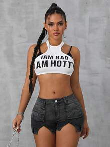 SHEIN SXY Pantalones cortos de mezclilla sencillos con botón delantero y bolsillo, de uso diario y casual para mujer