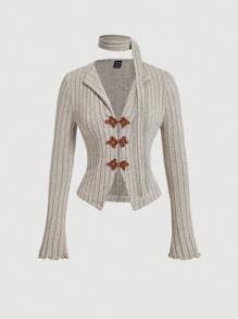 SHEIN MOD V-Neck Bell Sleeve Button-Up Khaki Women's T-Shirt,Free Scarf, New Chinese Style Women's Clothing, Color Block Buckle,Trumpet Sleeve Long Sleeve Women's Top,Western,Vintage,70s,The Bachelorette, - Multicolor - View 1