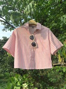 Elamini 女士宽松休闲条纹卷袖短款衬衫，短袖上衣 - 粉色 - 查看 3