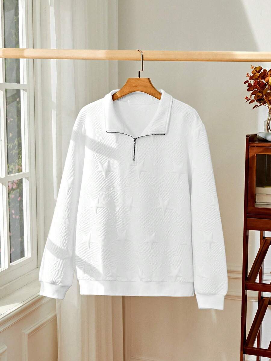 Manfinity Homme البلوزة الرياضية للرجال بطبعة نجمة خماسية الأضلاع مبرزة ، لون سادة للربيع والخريف