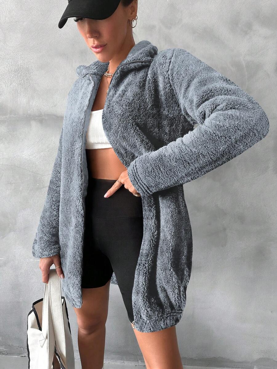 RueChic Solid Zip Up Fleece Jacket - Grey - View 1