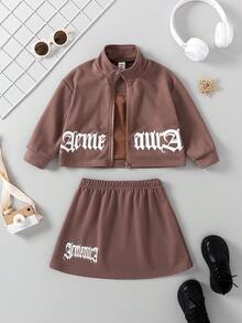 Chaquetilla y falda de gráficos de letras para niña joven y Cami-Top sólido - Marrón - Ver 1