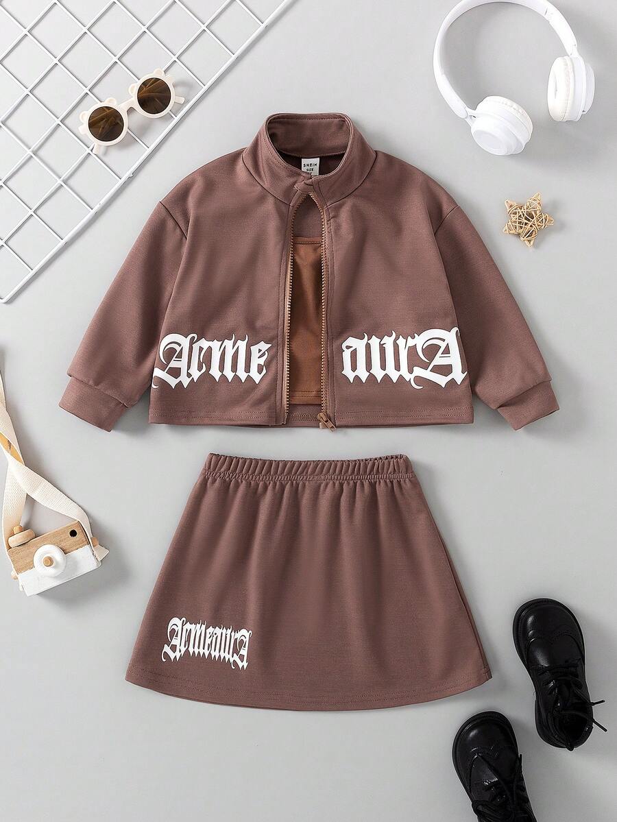 Chaquetilla y falda de gráficos de letras para niña joven y Cami-Top sólido - Marrón - Ver 1