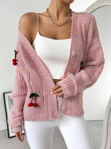 SHEIN Unity Women's Casual Cardigan With Cherry Decor, For Autumn And Winter Fall Cloth For Women - Pink - View 4