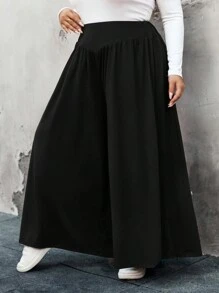 SHEIN CURVE+ 大码女式高腰针织休闲宽松阔腿裤 - 黑色 - 查看 4