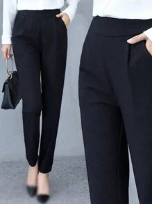 休闲通勤纯色斜口袋锥形裤 - 黑色 - 查看 3