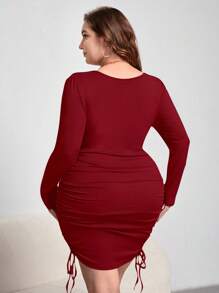 SHEIN Privé 大码长袖修身连衣裙 - 酒紅色 - 查看 2