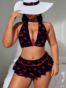 Swim Mod Conjunto de bikini talla grande - Top con escote de halter y espalda descubierta con estampado de toda la prenda y Bottom para playa de verano