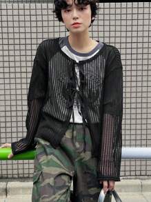 FRIFUL Women Spring And Summer Casual Solid Color Hollow Knit Tops - Black - View 1