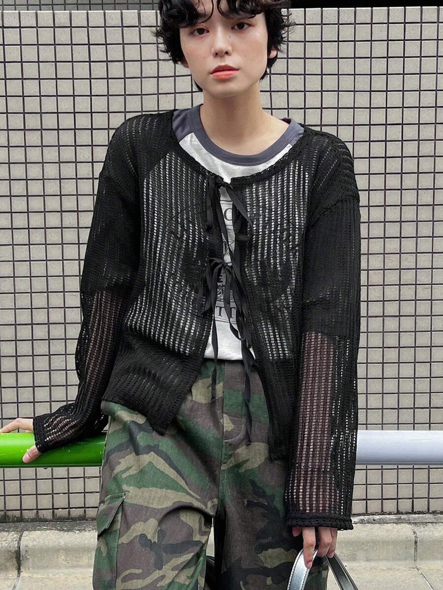 FRIFUL Women Spring And Summer Casual Solid Color Hollow Knit Tops - Black - View 1