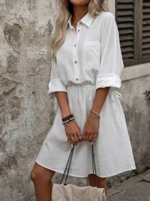 SHEIN LUNE Elastic Waist Pleated Shirt Dress - White - View 3