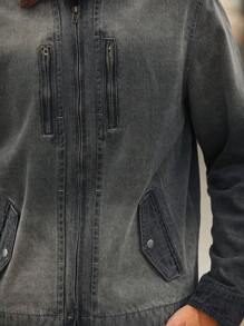 Manfinity Homme Retro American Casual Men's Light Grey Washed Denim Patchwork Collar Loose Jacket Varsity Coat - Light Grey - View 7