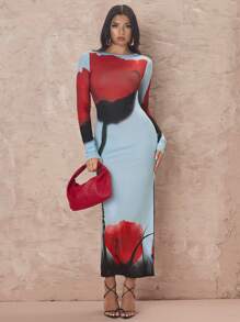 Glamine 女士长袖花卉印花高开叉连衣裙 - 彩色 - 查看 1