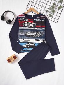 2 件青少年男孩休闲英文字母印花宽松运动衫和裤子套装