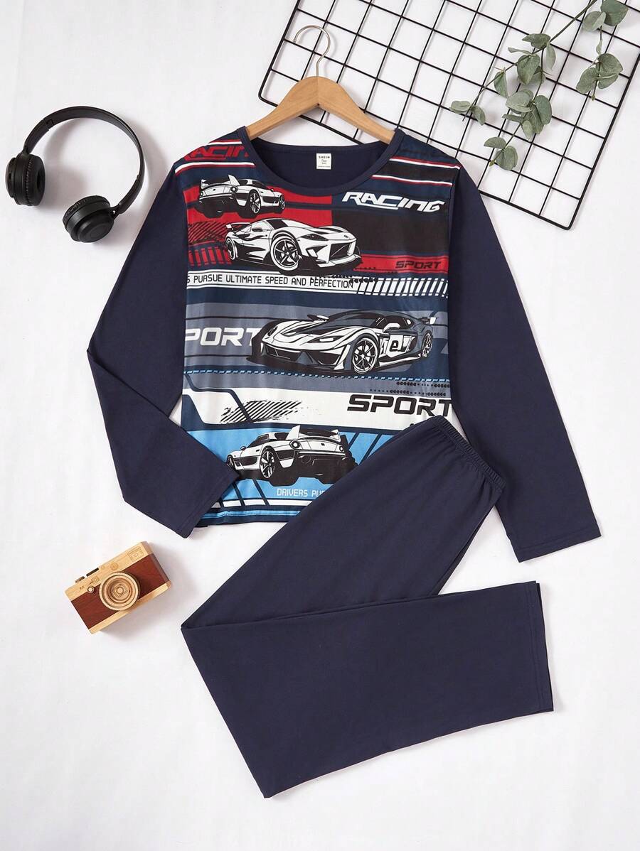 2 件青少年男孩休闲英文字母印花宽松运动衫和裤子套装