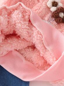 SHEIN Playful Pals 女婴花卉印花长袖上衣和心形人造毛皮牛仔裤套装，秋冬 - 粉色 - 查看 7