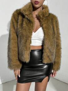 Allurite 1pc Faux Wolf Fur Collar Fur Coat, Autumn/Winter,Winter Fur Coat,Party Fur Coat,Elegant Fur Coat,Winter Women Outfits - Brown - View 1