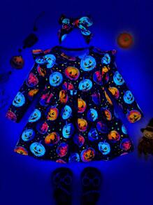 Robe à manches longues avec imprimé citrouille colorée pour bébé fille, pour la fête d'Halloween