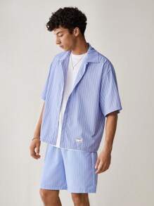 Manfinity RebelGame 2pcs Men's Casual Striped Loose Short Sleeve Shirt & Drawstring Waist Shorts Set