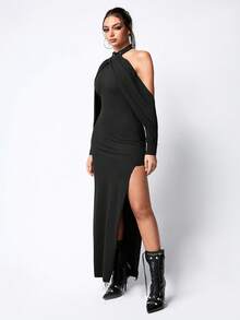 ROMWE Grunge Punk Gothic Style Asymmetrical Sleeve Slim Fit High Slit Women Midi Dress - Black - View 4